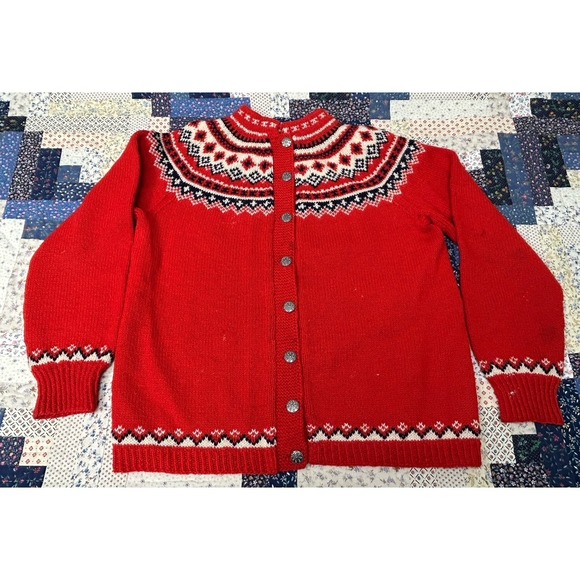 Husflieden Sweaters - Vintage 1960's Husfliden Lillehammer Red Knit Wool‎ Sweater Made in Norway